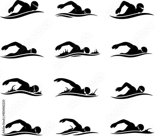 Professional Swimmer Silhouette Poses and Action Set