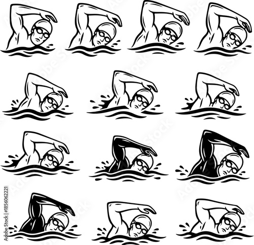 Professional Swimmer Silhouette Poses and Action Set