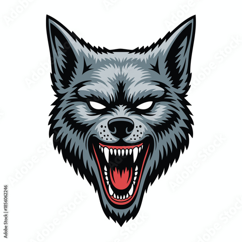 Fierce Howling Wolf Head Illustration Closeup.