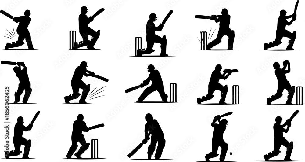 Fototapeta premium Cricket Wicket and Stumps Icon Set Silhouette Collection