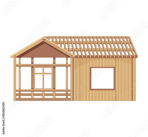 Unfinished Wooden House Frame with Roof Structure Keywords: construction, building, house, home
