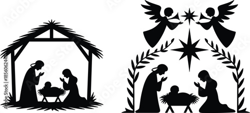 Nativity scene silhouette with holy family, baby Jesus, angels, star, Christmas religious symbol, black vector illustration isolated white background design
