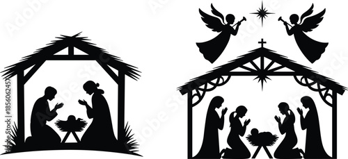 Nativity scene silhouette with holy family, baby Jesus, angels, star, Christmas religious symbol, black vector illustration isolated white background