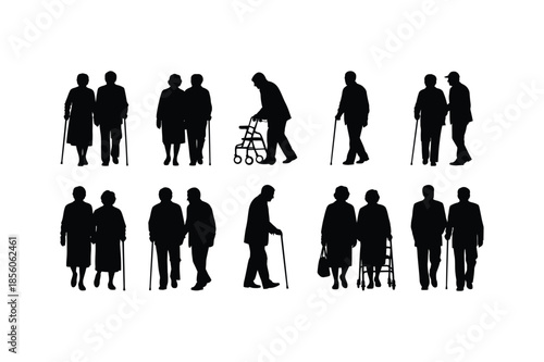 Elderly People Silhouettes Collection Senior Citizens Walking with Canes and Walkers Vector Illustration Set