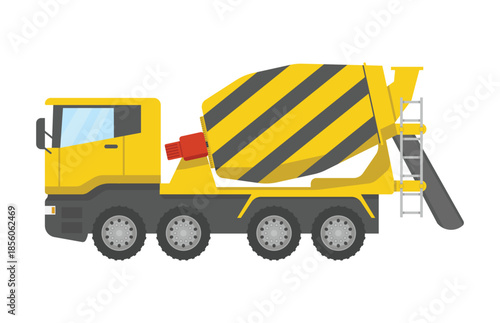 Yellow cement mixer truck with gray and black stripes
