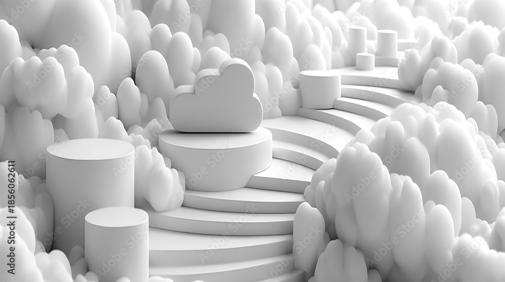 Obraz premium Photo White Cloudscape with Staircase Platforms and Cloud Icon Keywords: white, cloudscape, staircase, platforms, cloud, icon