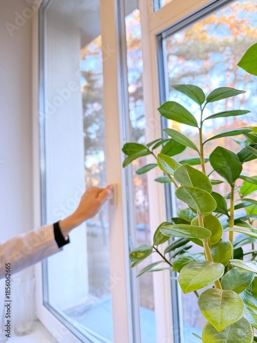 Open window concept. A person opens a window for ventilation.