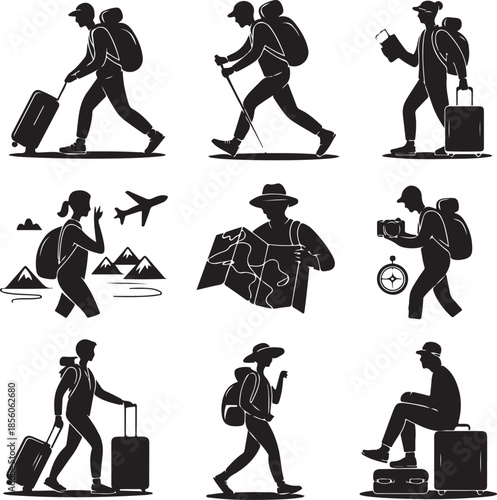 Travel and adventure icons with hikers and tourists in silhouette style