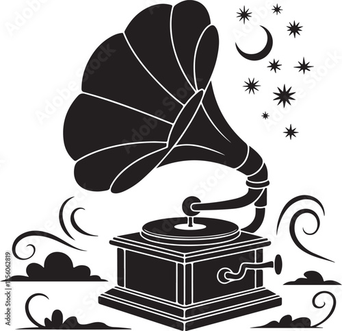 Vintage phonograph with decorative stars and swirls isolated illustration