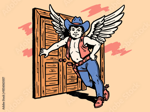 Retro Cartoon of a Cowboy Cupid with Wings Emerging from a Door. Western Pop Art Style Illustration for Valentine's Day or Americana.