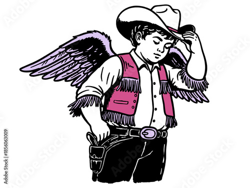 Western Cowboy Cupid Angel Illustration. Retro Pop Art Drawing of Cherub in Fringe Vest, Hat, and Gun Holster, Tipping Cap.