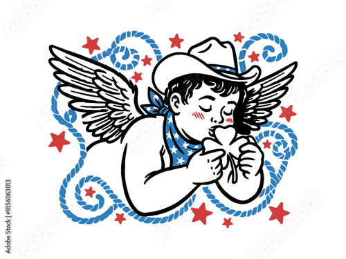 Retro Cowboy Cupid Vector Art. Vintage Western Angel in Hat Kissing Shamrock, Surrounded by Stars and Lasso Rope.