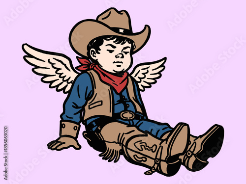 Grumpy Cowboy Cupid Illustration. Vintage Western Angel Boy Cartoon Drawing on Pastel Pink Background.