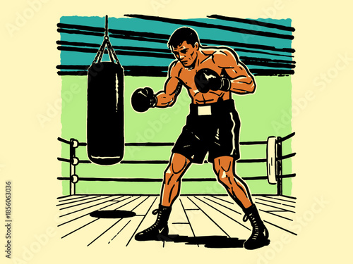Vintage Boxer Illustration Training with Punching Bag in Ring. Retro Comic Book Style Prizefighter Athlete Workout Vector.