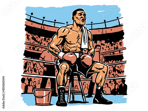 Graphic Illustration of Boxer Resting in the Corner of the Ring. Champion Fighter Taking a Break Between Rounds.