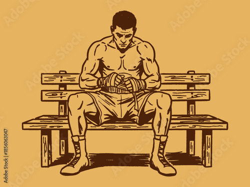 Retro Boxer Sitting on Bench. Vintage Illustration of Determined Fighter with Hand Wraps. Classic Monochrome Sports Icon.