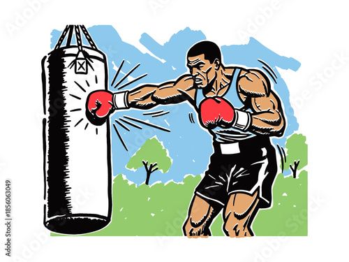 Muscular Boxer Hitting Heavy Bag Outdoors. Vintage Style Sports Training Illustration.