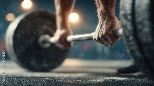 Close-up of strong hands gripping a barbell in a gym