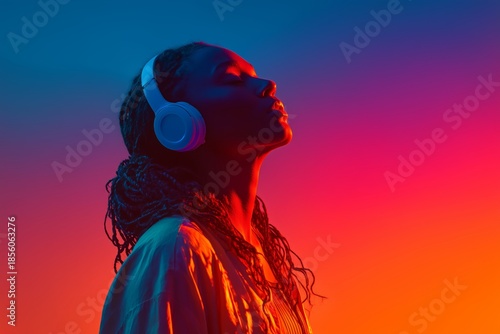 Mujer con auriculares escuchando música en ambiente colorido, Mockup para campaña de auriculares inalámbricos, Imagen para publicidad de audio inmersivo