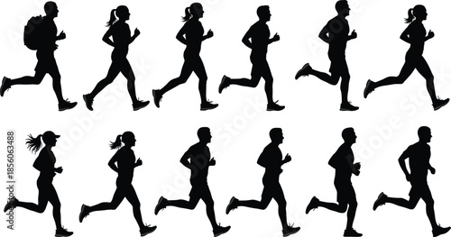Running silhouettes, fitness joggers, athletes jogging, sport training vector illustration set on white background people collection