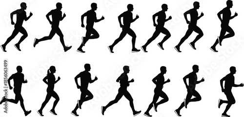 Running silhouettes, jogging athletes, fitness people, sport training vector illustration set, healthy lifestyle concept on background