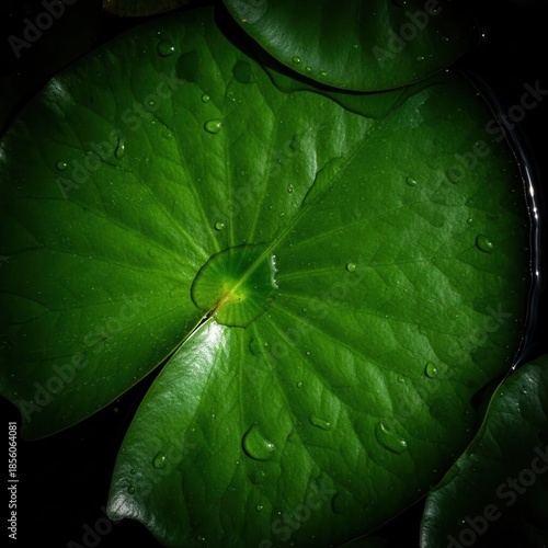 Water Droplets on Dark Green Lotus Leaf Texture Background