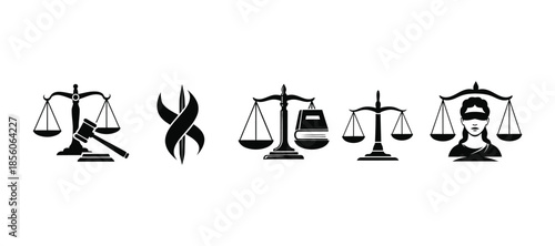 Justice Scales Vector Set Law, Legal System, and Courthouse Symbols in Flat Silhouette Style