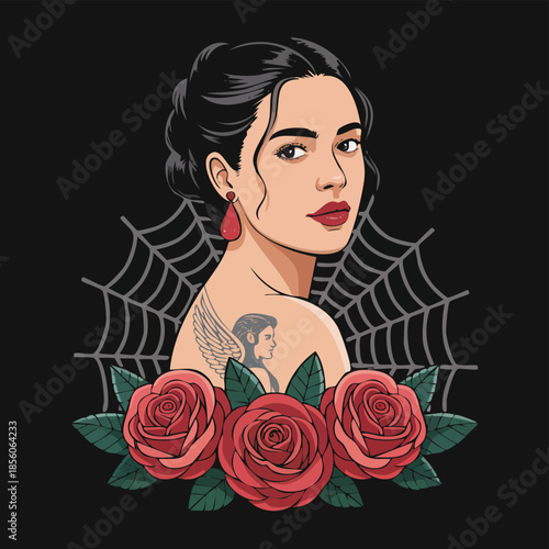 Portrait of a Woman with Roses Tattoo Design.