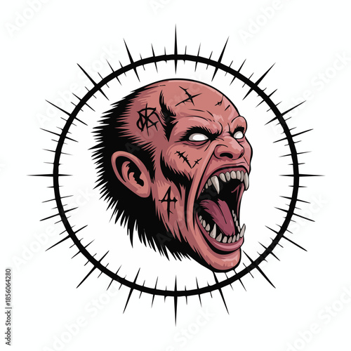 Screaming Zombie Head Surrounded by Barbed Ring.