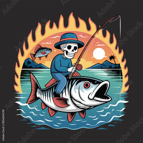 Skeleton Fisherman With Giant Fish On Hook At Sunset.