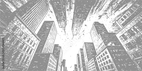 Distressed vector illustration of a low angle perspective looking up at towering skyscrapers in a dense city
