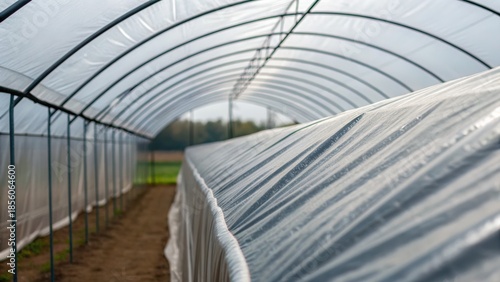 Greenhouse interior with rows of covered planting beds under a transparent structure.