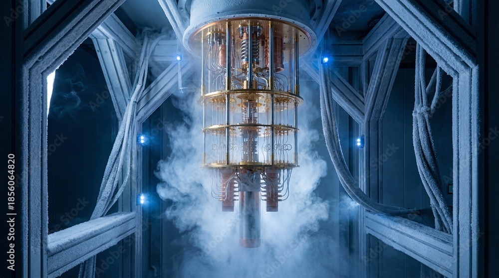 Obraz premium Quantum Computing Processor in Cryostat with Vapor and Ice Crystals