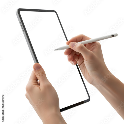 Hands holding an ipad and apple pencil isolated on transparent background