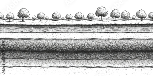 Black and white hand drawn geological cross-section diagram showing layered strata