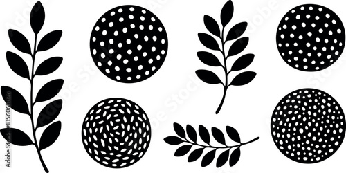 Black and white leaves and round nature elements vector illustration simple design 