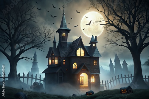 Spooky haunted house on a hill with glowing windows and jack-o-lanterns at night
