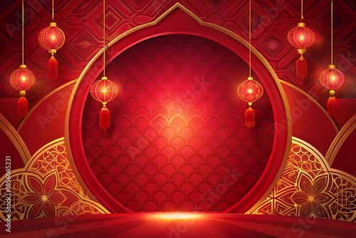Vibrant Chinese New Year celebration background with red lanterns and gold accents