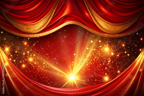 Dramatic red stage curtains with golden accents and sparkling lights