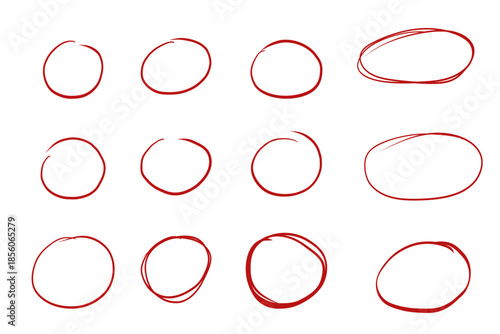 Red circle mark hand drawn sketchy paintbrush, oval, curve or round set, doodle highlight mark or check. School or office Grunge stroke. Important sign. 