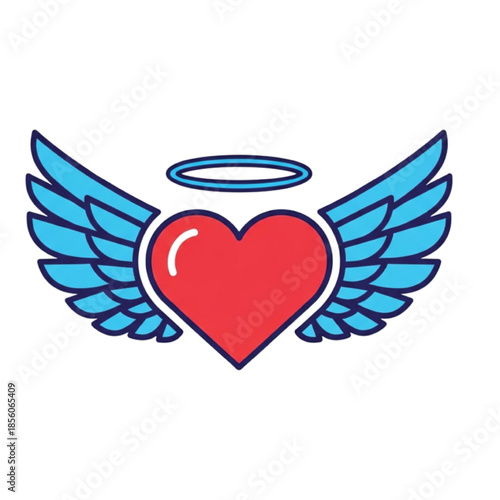 Red heart with blue wings and halo on white background vector illustration