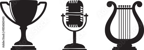 Black and white of a trophy, microphone, and lyre on a white background