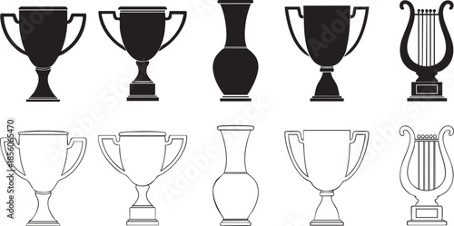 Black and white outline and filled trophy and cup including a lyre