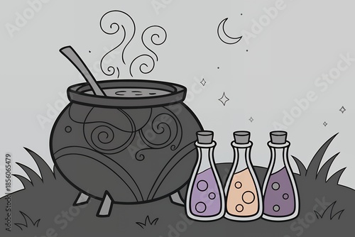 Magical witchcraft scene with bubbling cauldron and potion bottles under moonlight