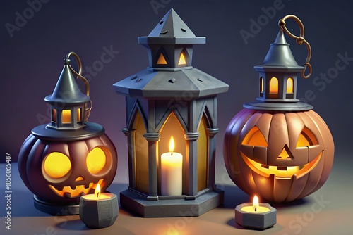 Spooky Halloween lanterns and jack-o-lanterns with candles glowing brightly