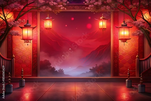 Vibrant Chinese temple scene with lanterns and cherry blossoms