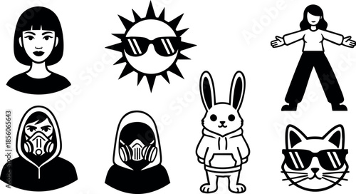 Diverse black and white cartoon characters including woman, sun, bunny, and cat vector illustration 