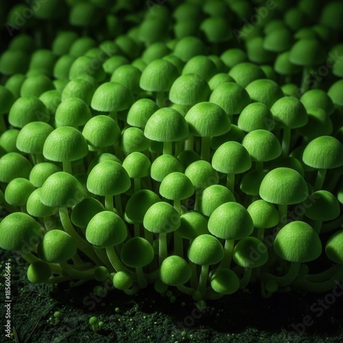 Vibrant Green Mushrooms Cluster Macro View on Dark Soil