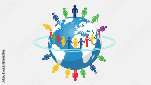 Global community people standing around earth with diverse colorful human figures