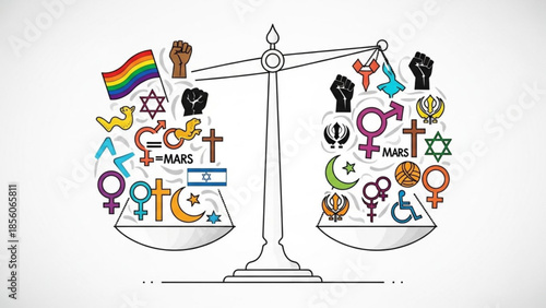 Equality and diversity symbols on balance scales with religious and cultural icons, representing harmony and balance in a multicultural